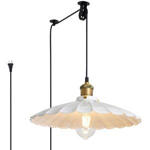 NEW Hanging Plug in Pendant Light 13.8 Inch Round Metal Shade Vintage White